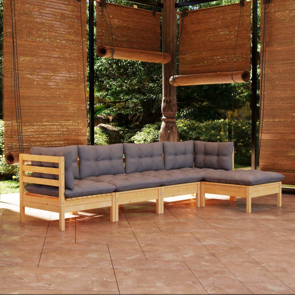 vidaXL Solid Pinewood Patio Lounge Set 5 Piece with Cushions Multi Colors